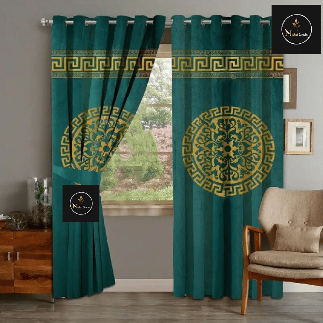 2 Piece Of Primium Velvet Curains With 2 Belts (Green&Gold) 41