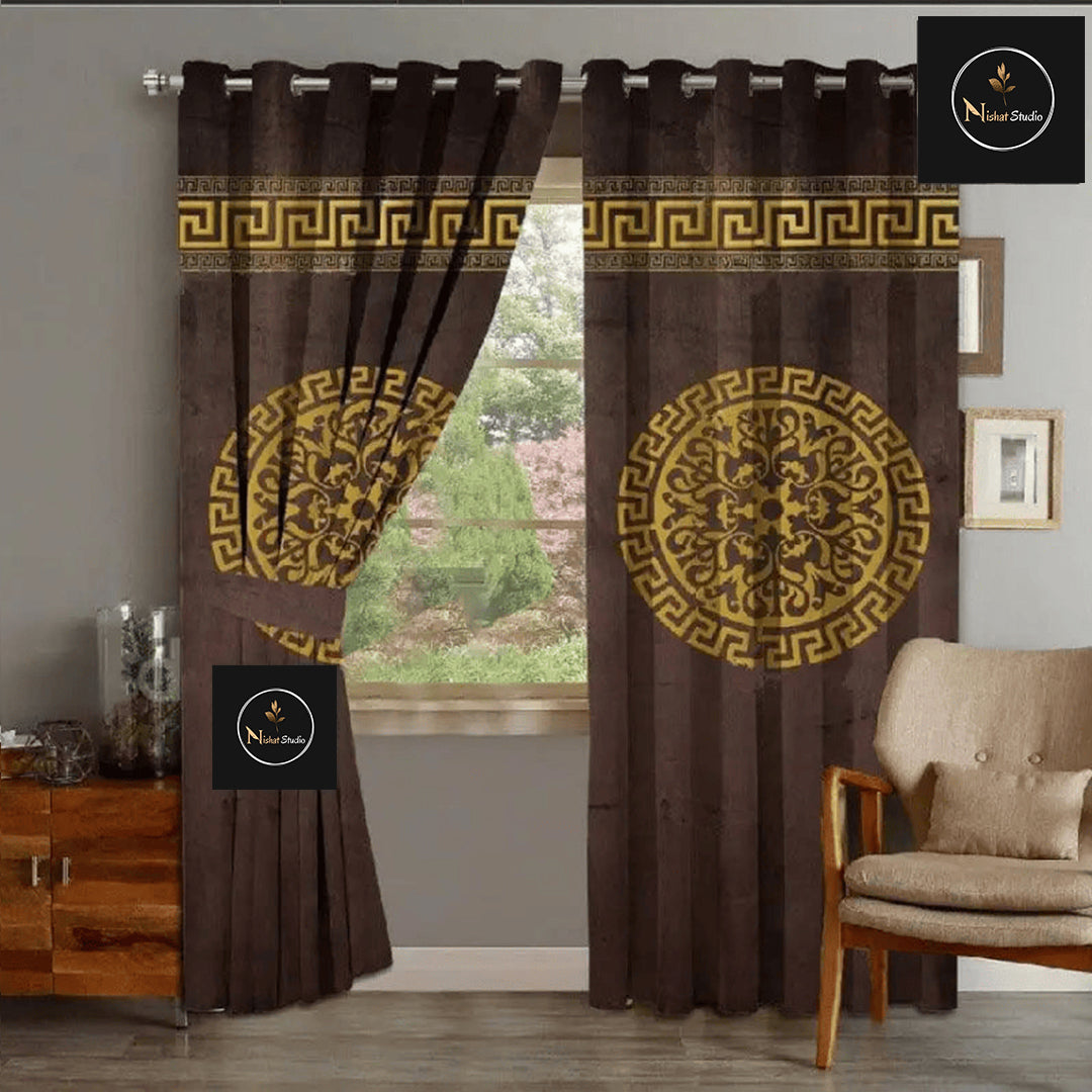 2 Piece Of Primium Velvet Curains With 2 Belts (Brown&Gold) 39