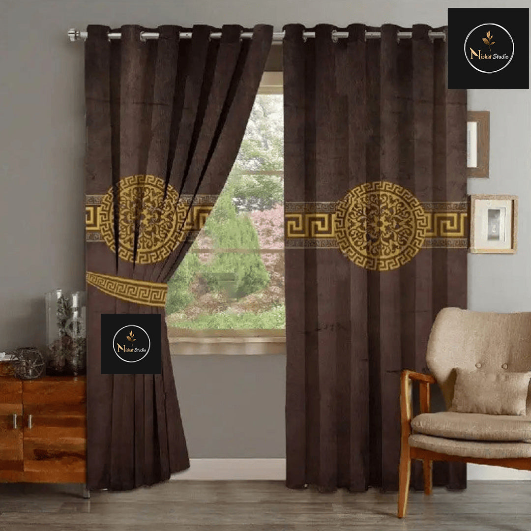 2 Piece Of Primium Velvet Curains With 2 Belts (Brown&Gold) 40
