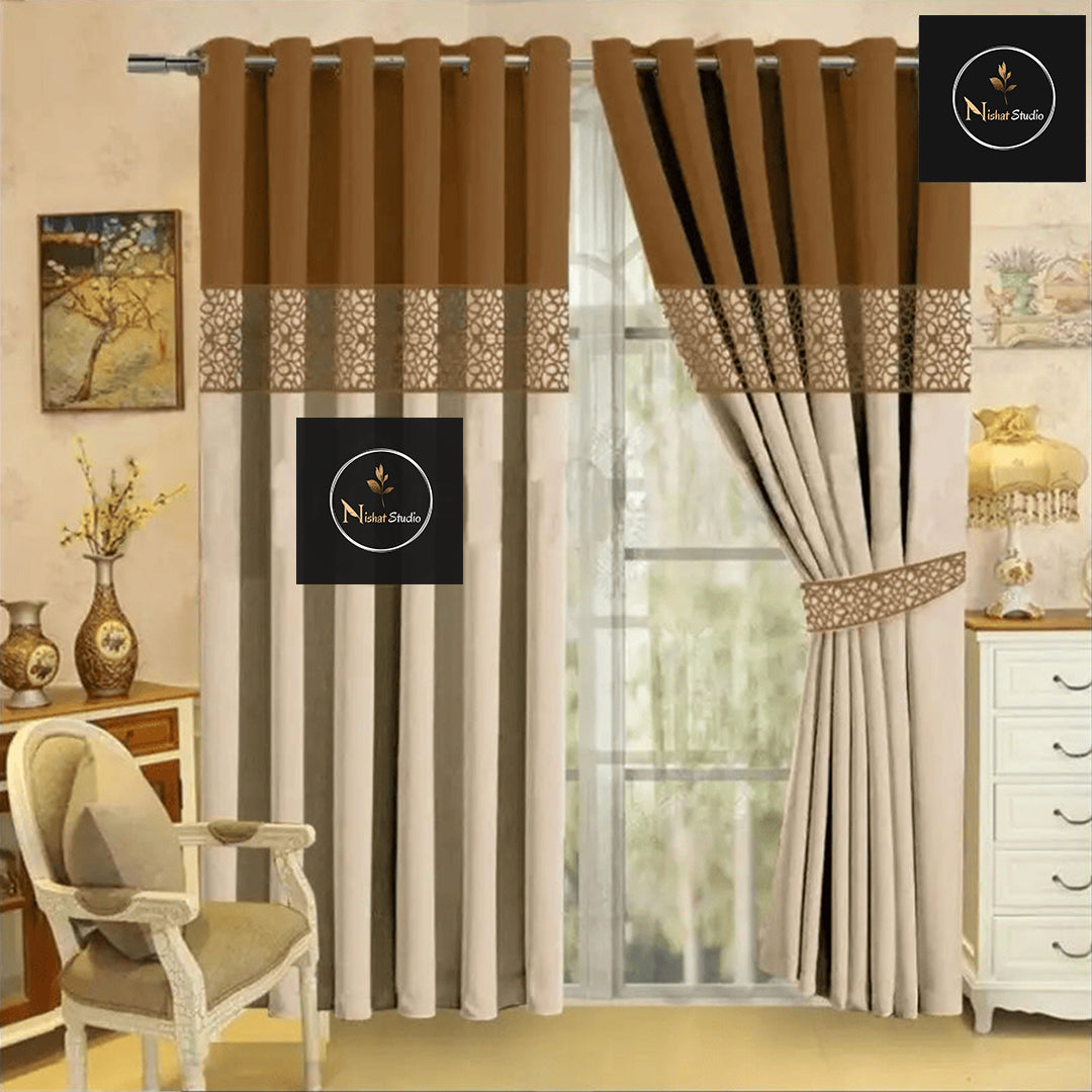 2 Pc's Luxury Velvet Embroidered Curtains Double Shaded With 2 Belts 47