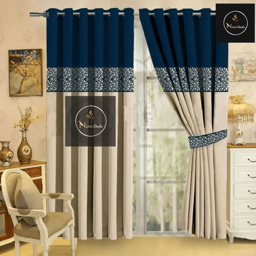 2 Pc's Luxury Velvet Embroidered Curtains Double Shaded With 2 Belts 46