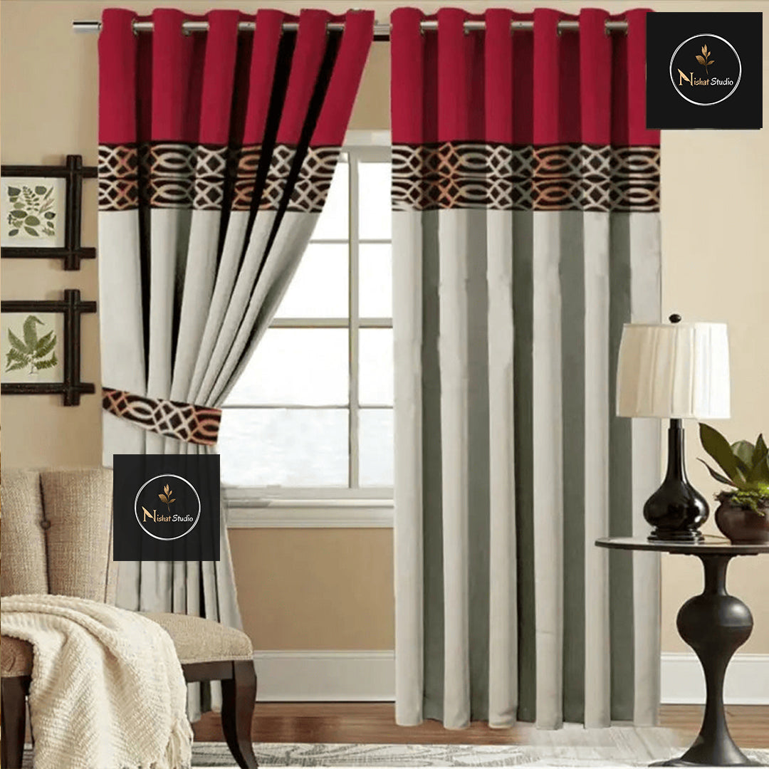 2 Pc's Luxury Velvet Embroidered Curtains Double Shaded With 2 Belts 45