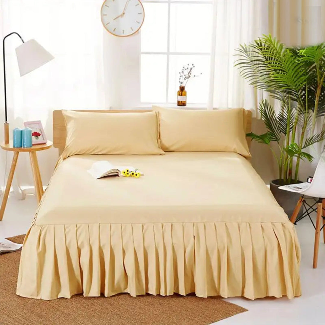 3 PCs Fitted Bed skirt with Pillow cover Golden