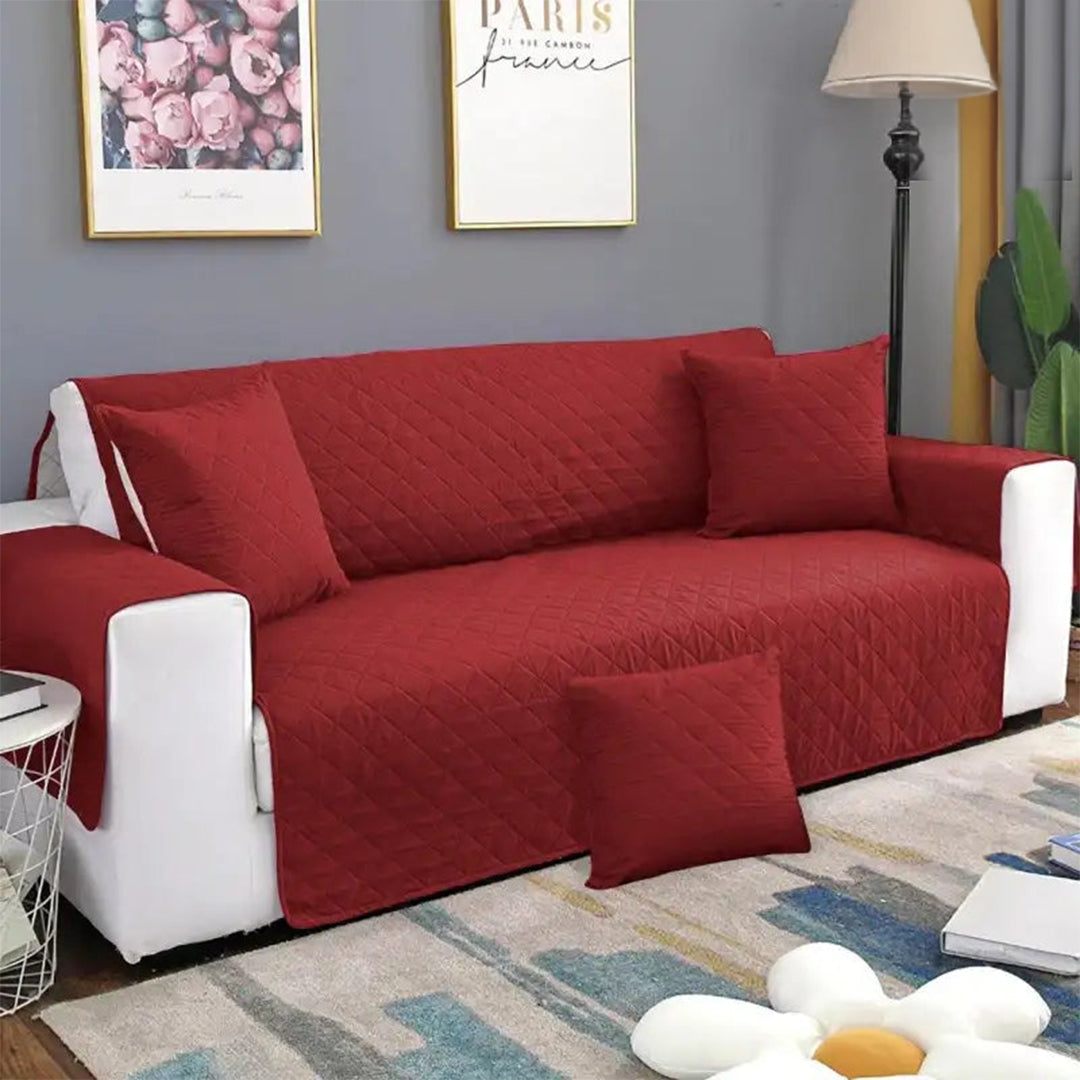 Quilted Sofa covers Non-slip W/Piping Maroon With Cushion Covers
