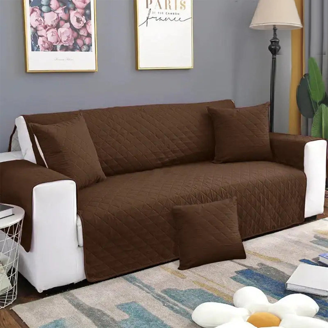 Quilted Sofa covers Non-slip W/Piping Brown With Cushion Covers