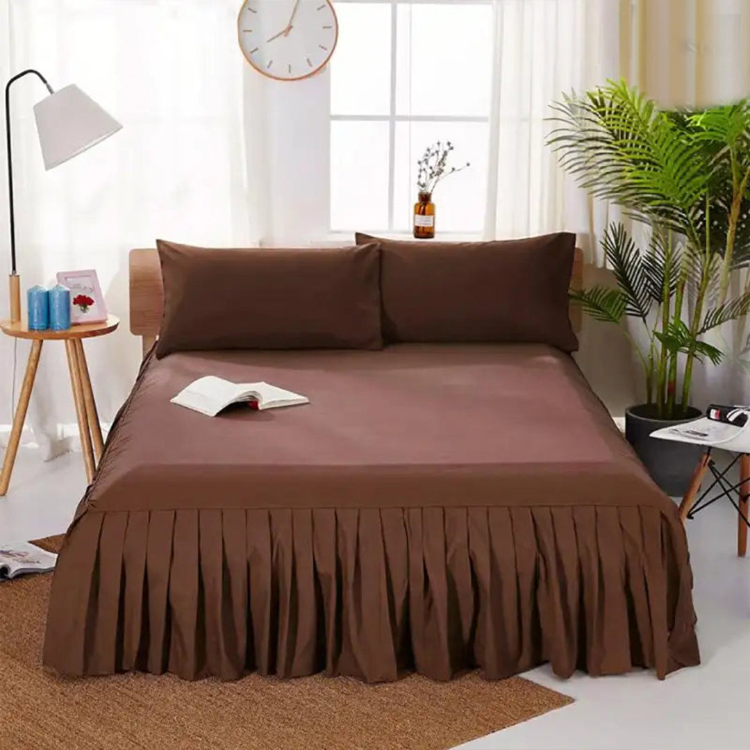 3 PCs Fitted Bed skirt with Pillow cover Brown