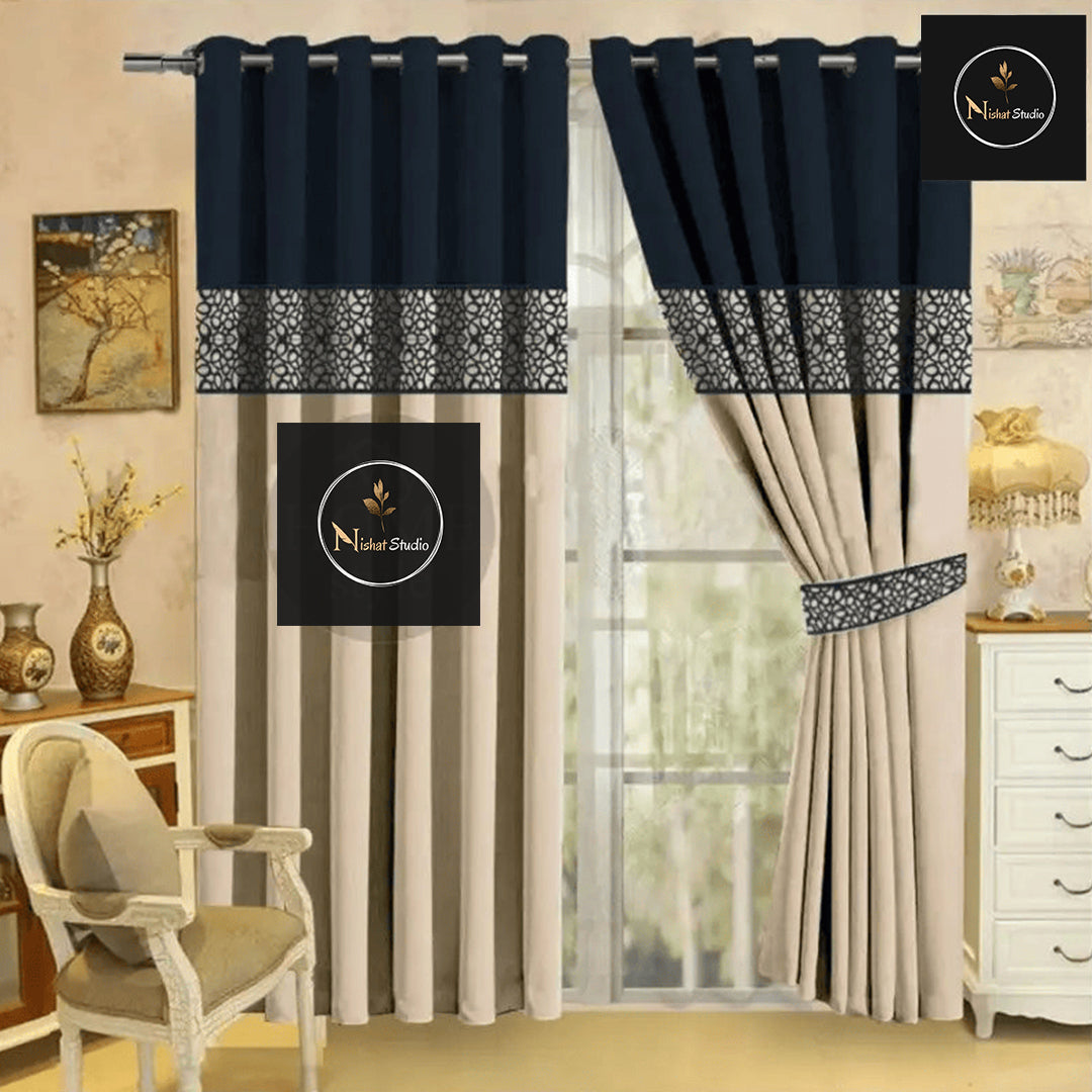 2 Pc's Luxury Velvet Embroidered Curtains Double Shaded With 2 Belts 44