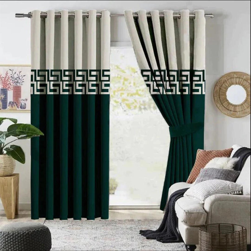 2 Pc's Luxury Velvet Embroidered Curtains Double Shaded With 2 Belts 53