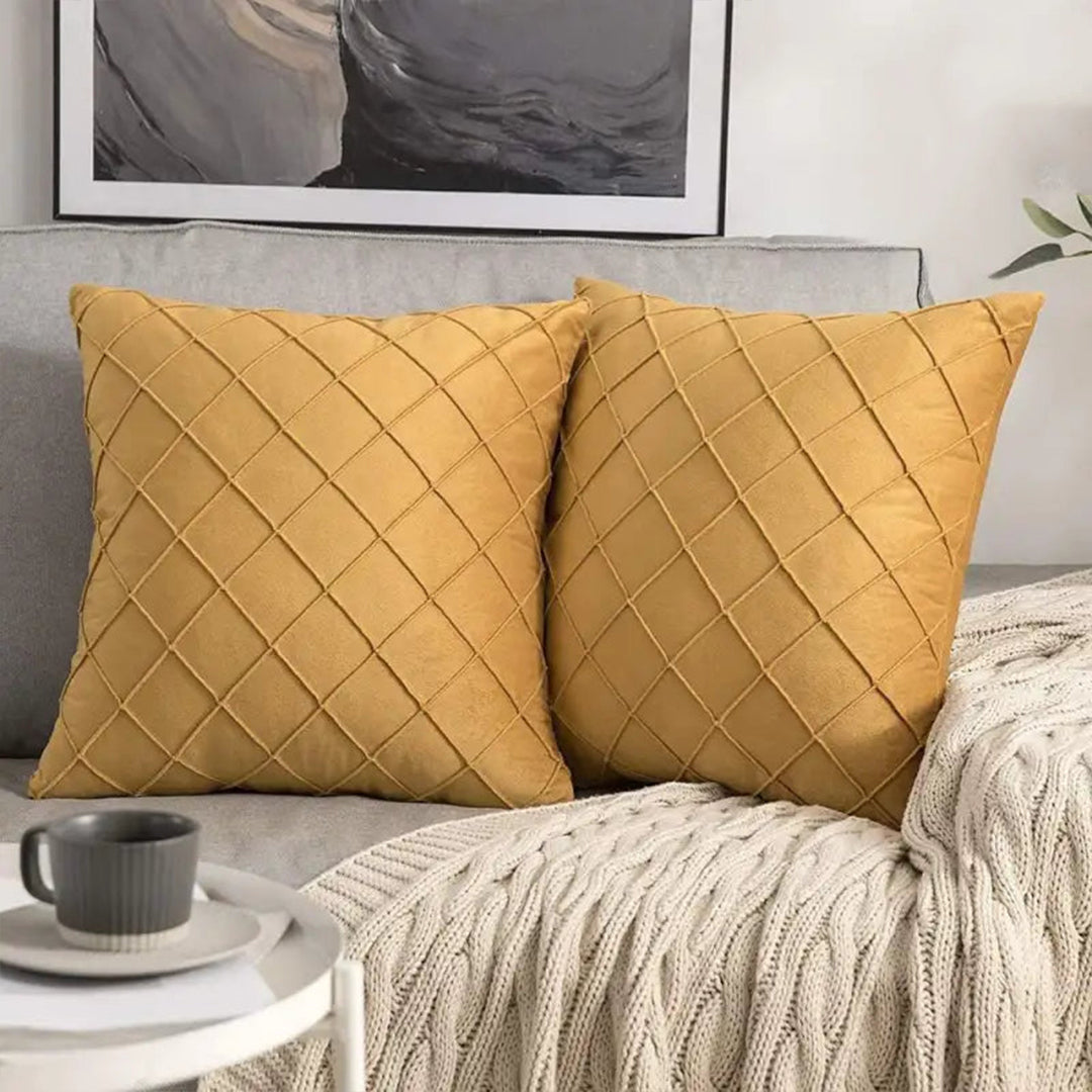 PACK OF 2 VELVET PLEATED SQUARE CUSHION - MUSTARD
