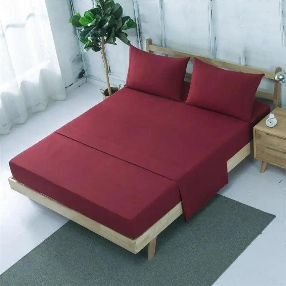 3 PCs Fitted Sheet Rich Cotton Burgundy with Pillow cover