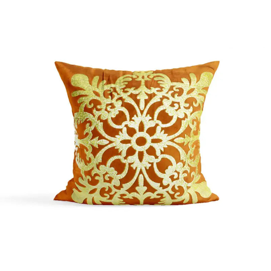PACK OF 2 VELVET ORANGE CUSHION COVER WITH GOLDEN MOTIF