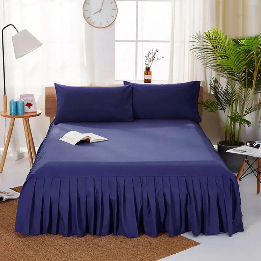 3 PCs Fitted Bed skirt with Pillow cover Navy