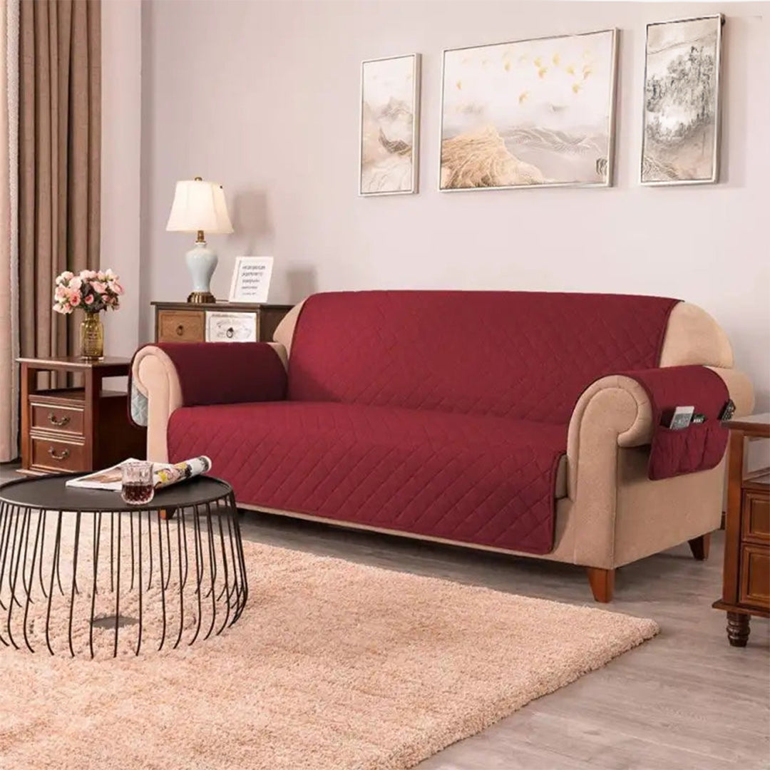 Quilted Sofa covers Non-slip W/Piping Maroon With Pockets