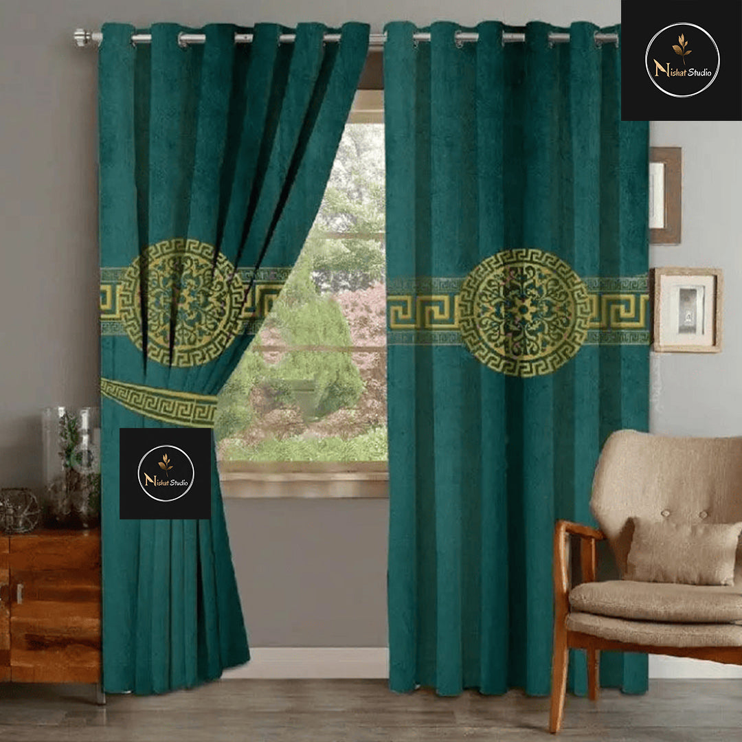 2 Piece Of Primium Velvet Curains With 2 Belts (Green&Gold) 42