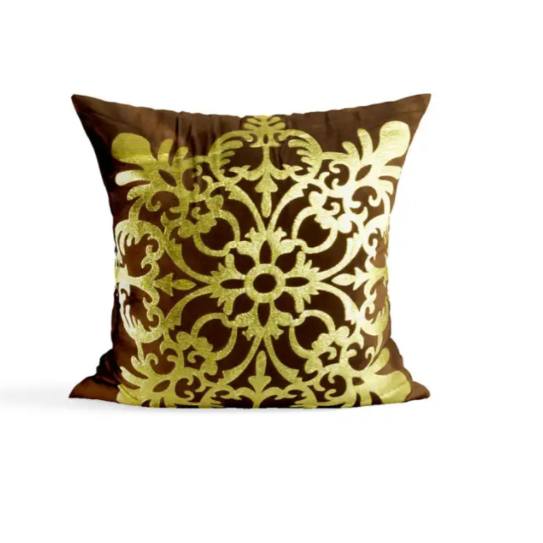 PACK OF 2 VELVET BROWN CUSHION COVER WITH GOLDEN MOTIF