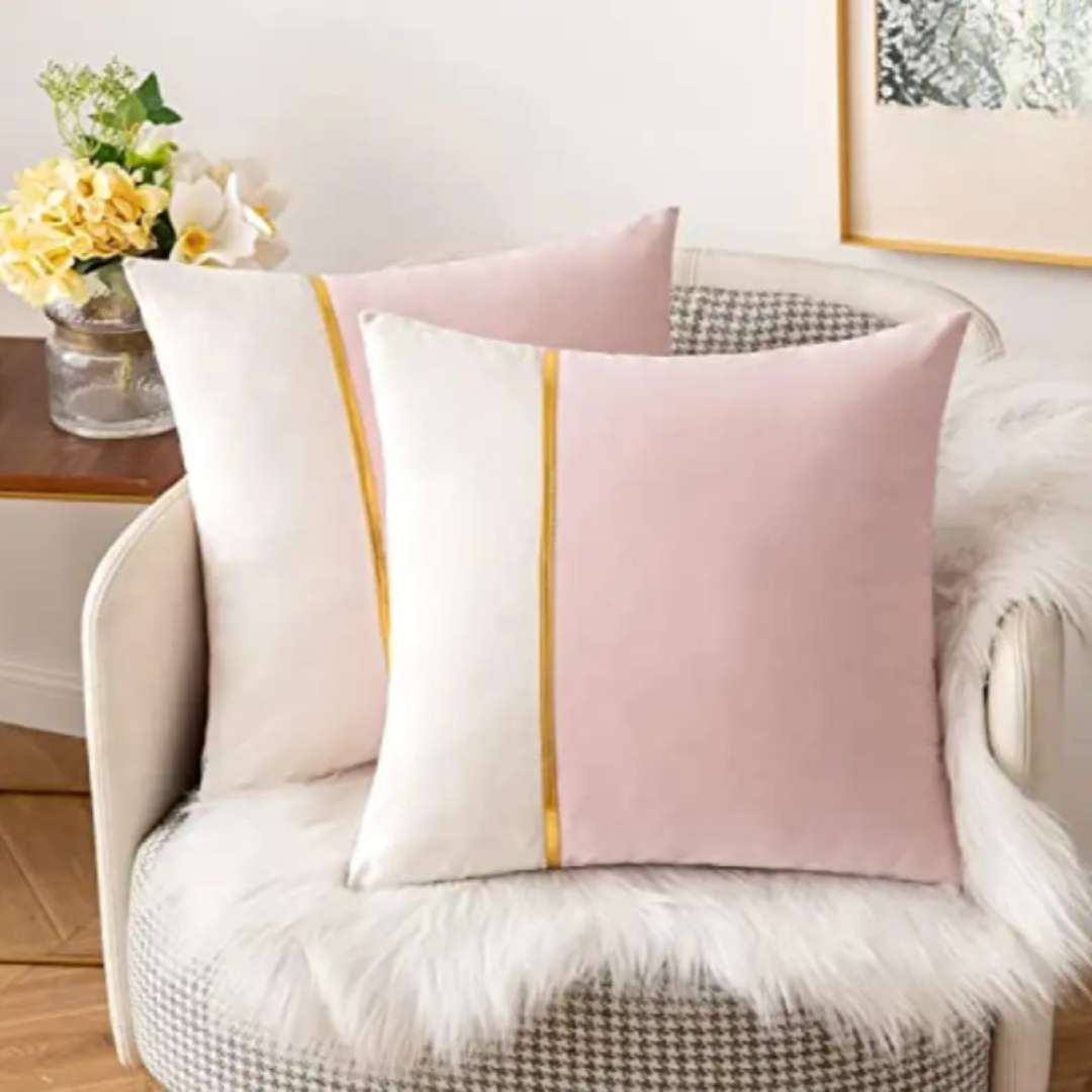 PACK OF 2 VELVET DECORATIVE SQUARE CUSHION - SOFT PINK AND WHITE