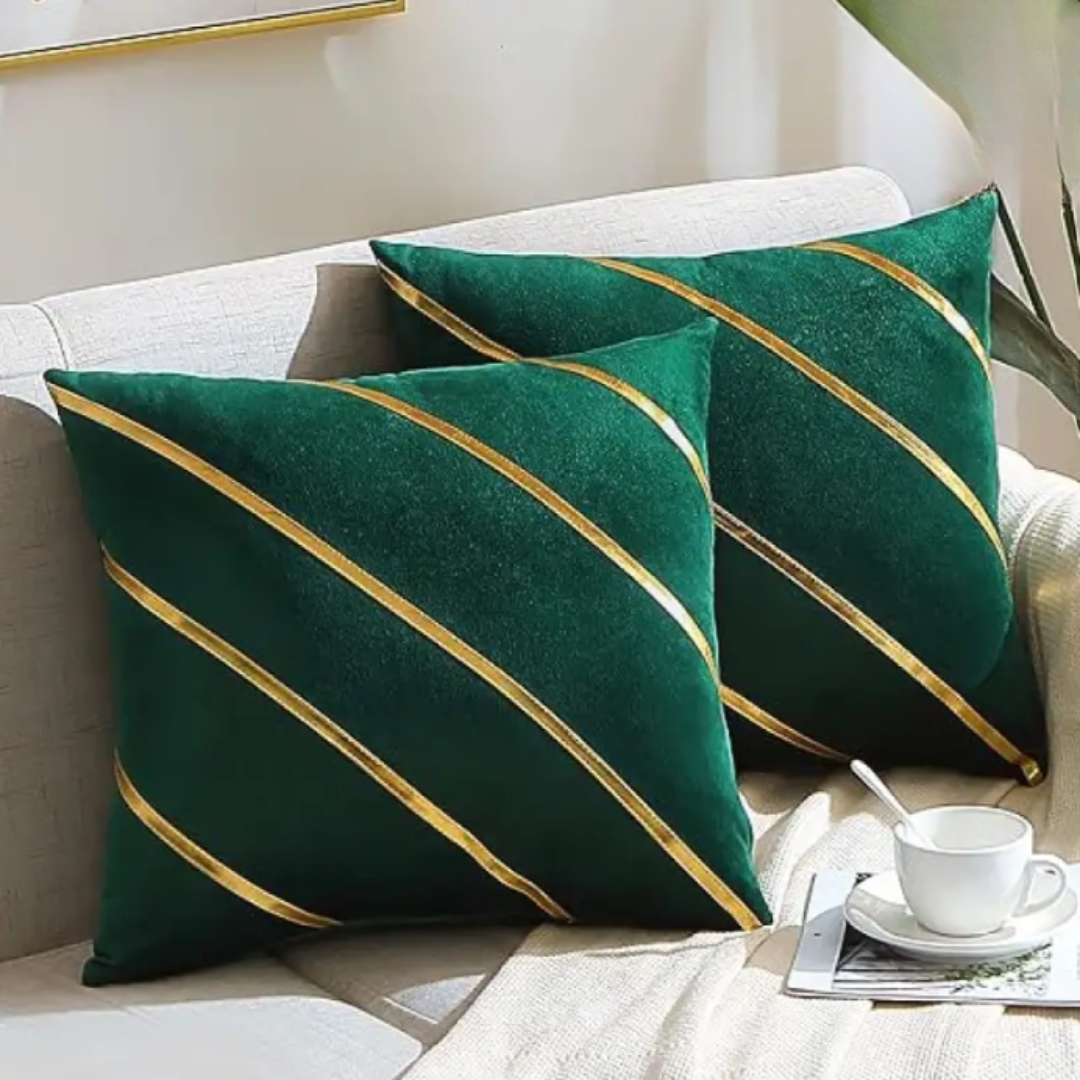 LUXURY VELVET CUSHION COVERS GREEN WITH GOLD.
