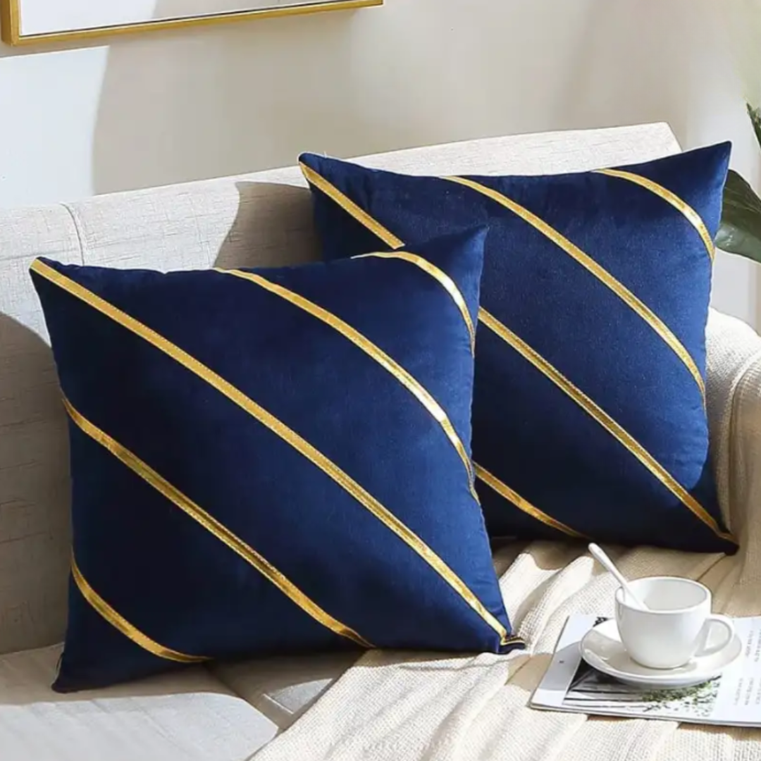 LUXURY VELVET CUSHION COVERS BLUE WITH GOLD.