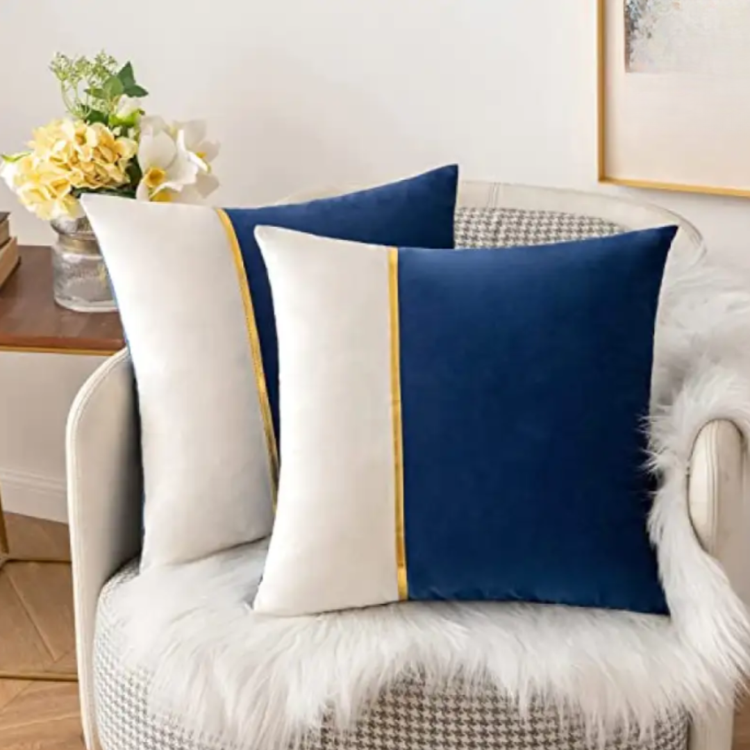 PACK OF 2 VELVET DECORATIVE SQUARE CUSHION - BLUE AND WHITE