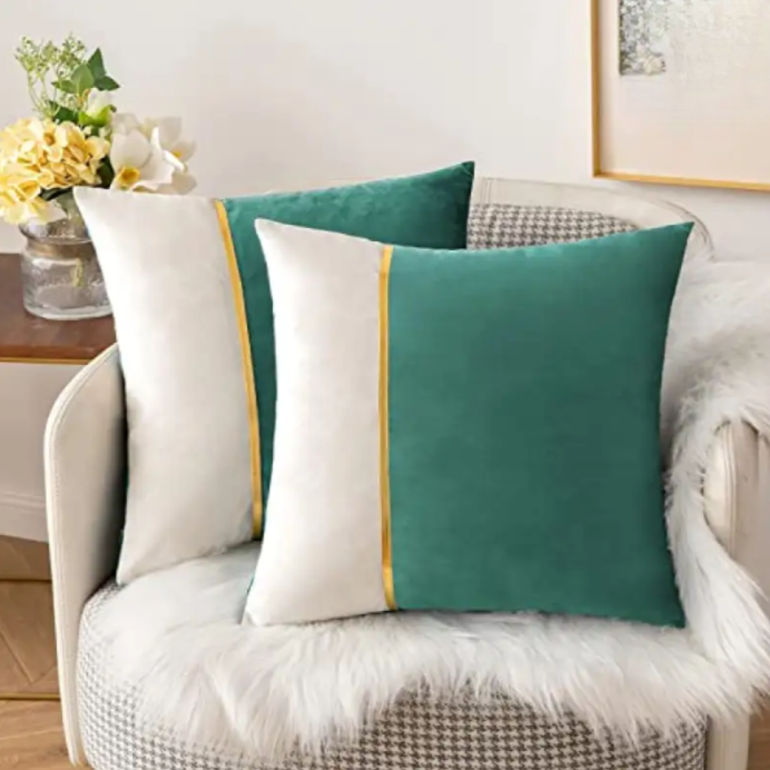 PACK OF 2 VELVET DECORATIVE SQUARE CUSHION - TEAL AND WHITE