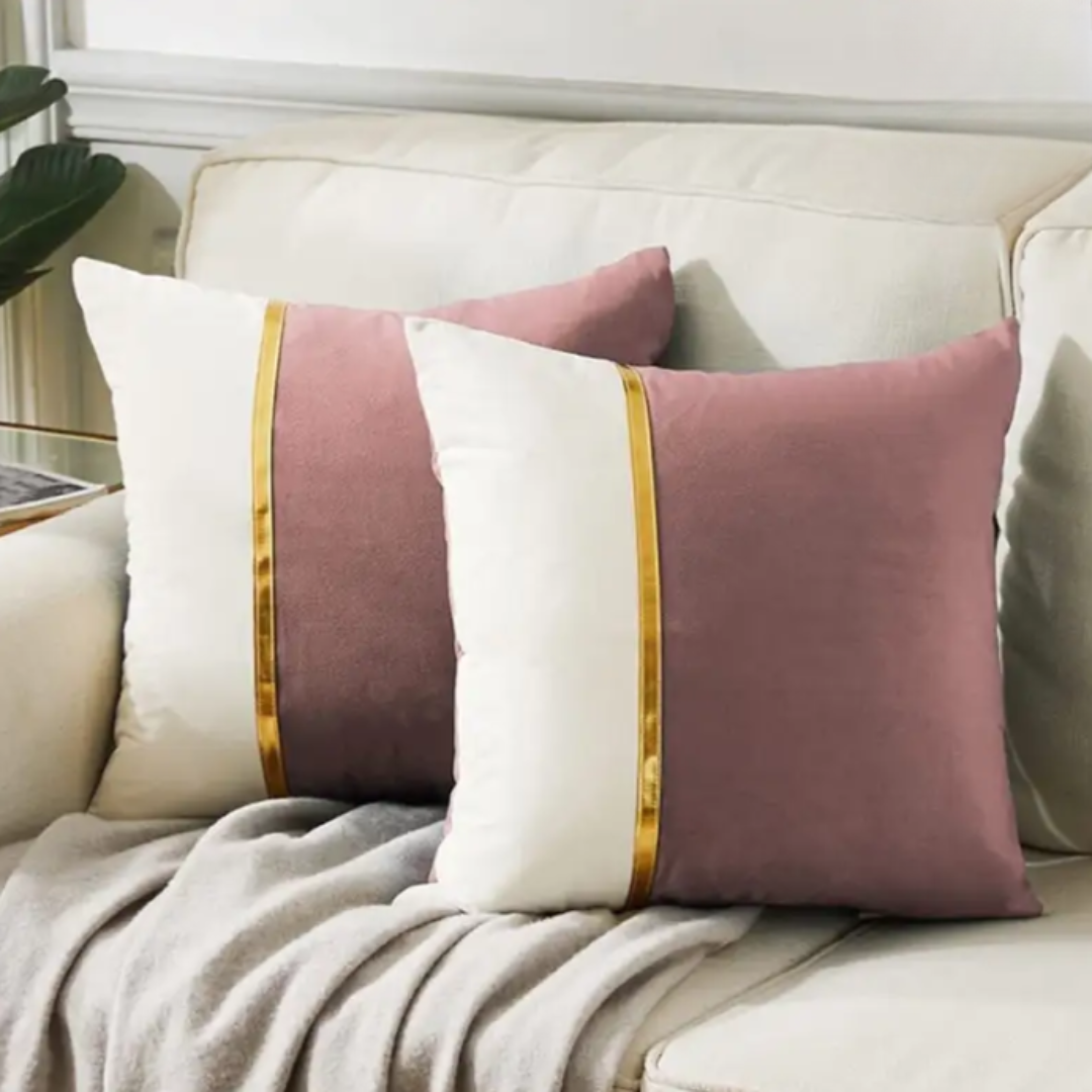 PACK OF 2 VELVET DECORATIVE SQUARE CUSHION - TEA PINK AND WHITE
