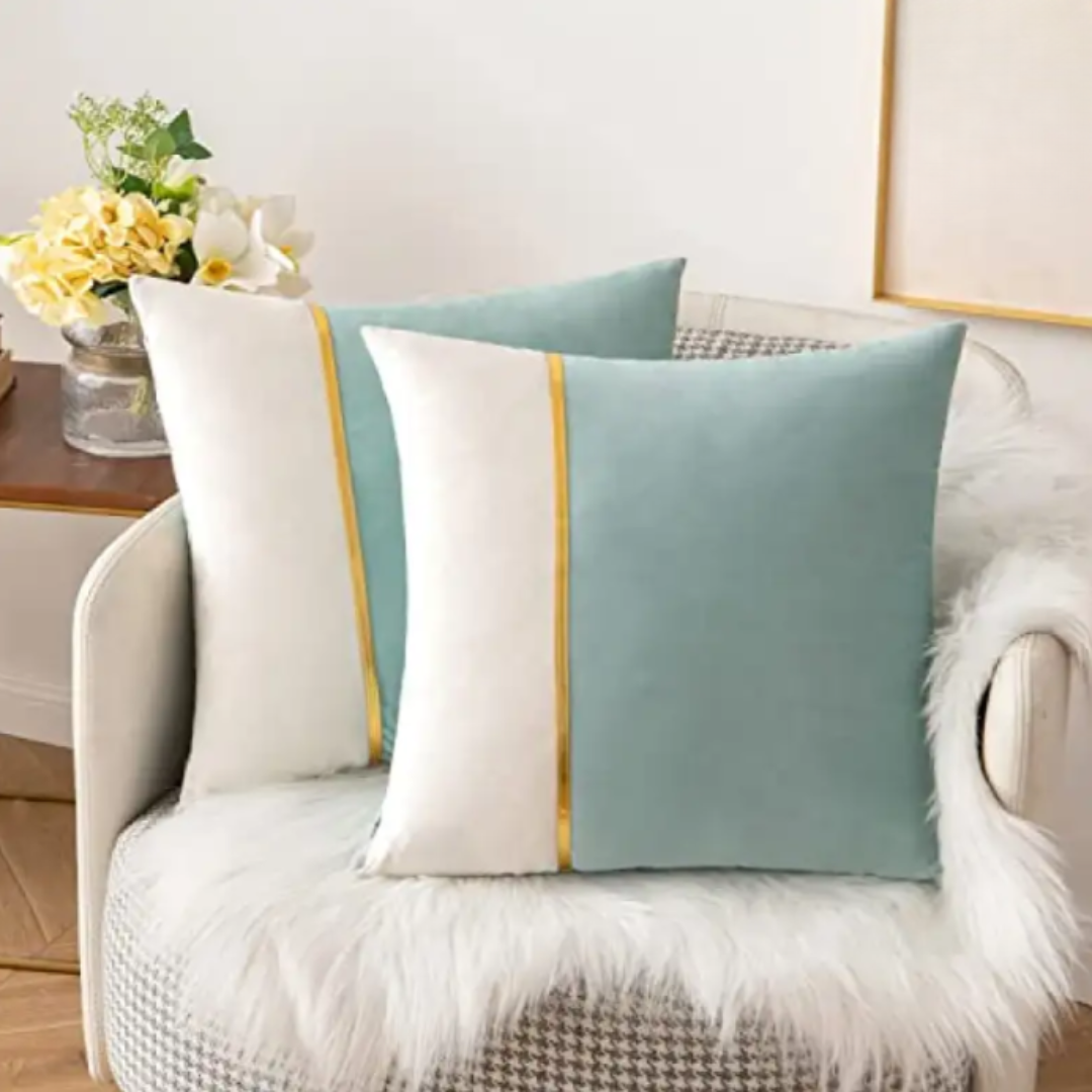 PACK OF 2 VELVET DECORATIVE SQUARE CUSHION - AQUA AND WHITE