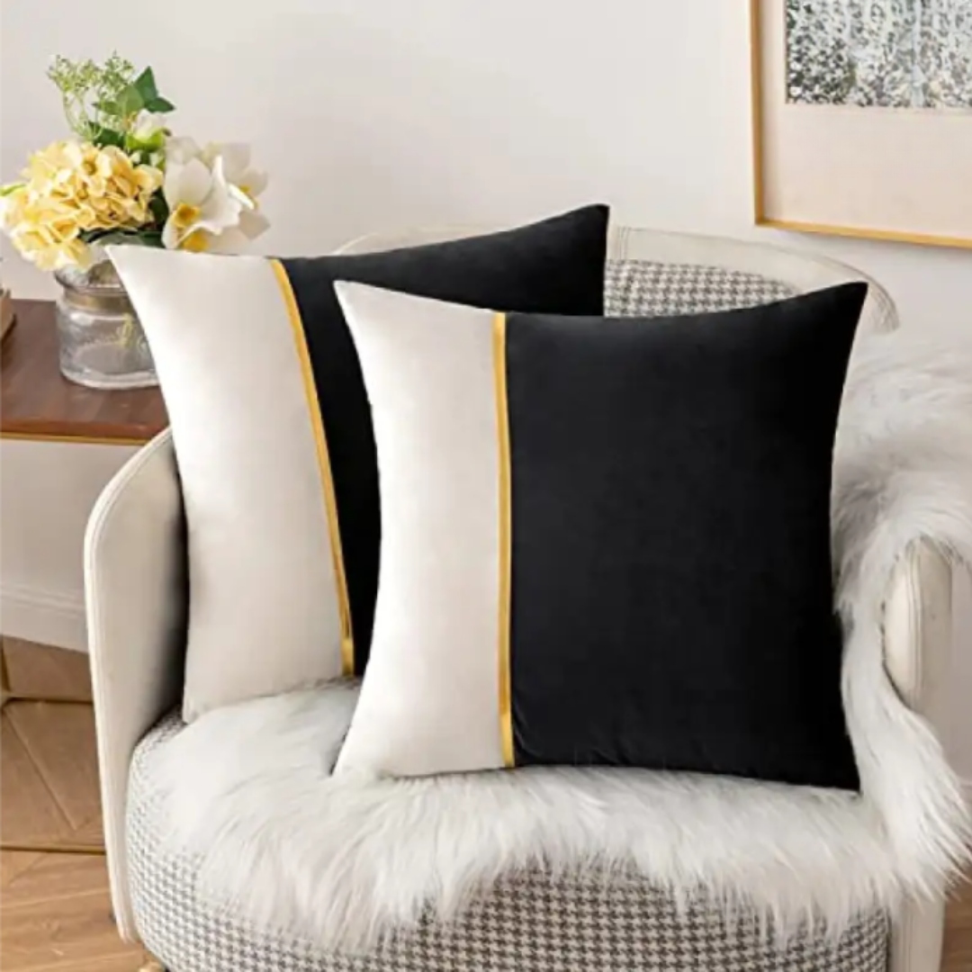 PACK OF 2 VELVET DECORATIVE SQUARE CUSHION - BLACK AND WHITE