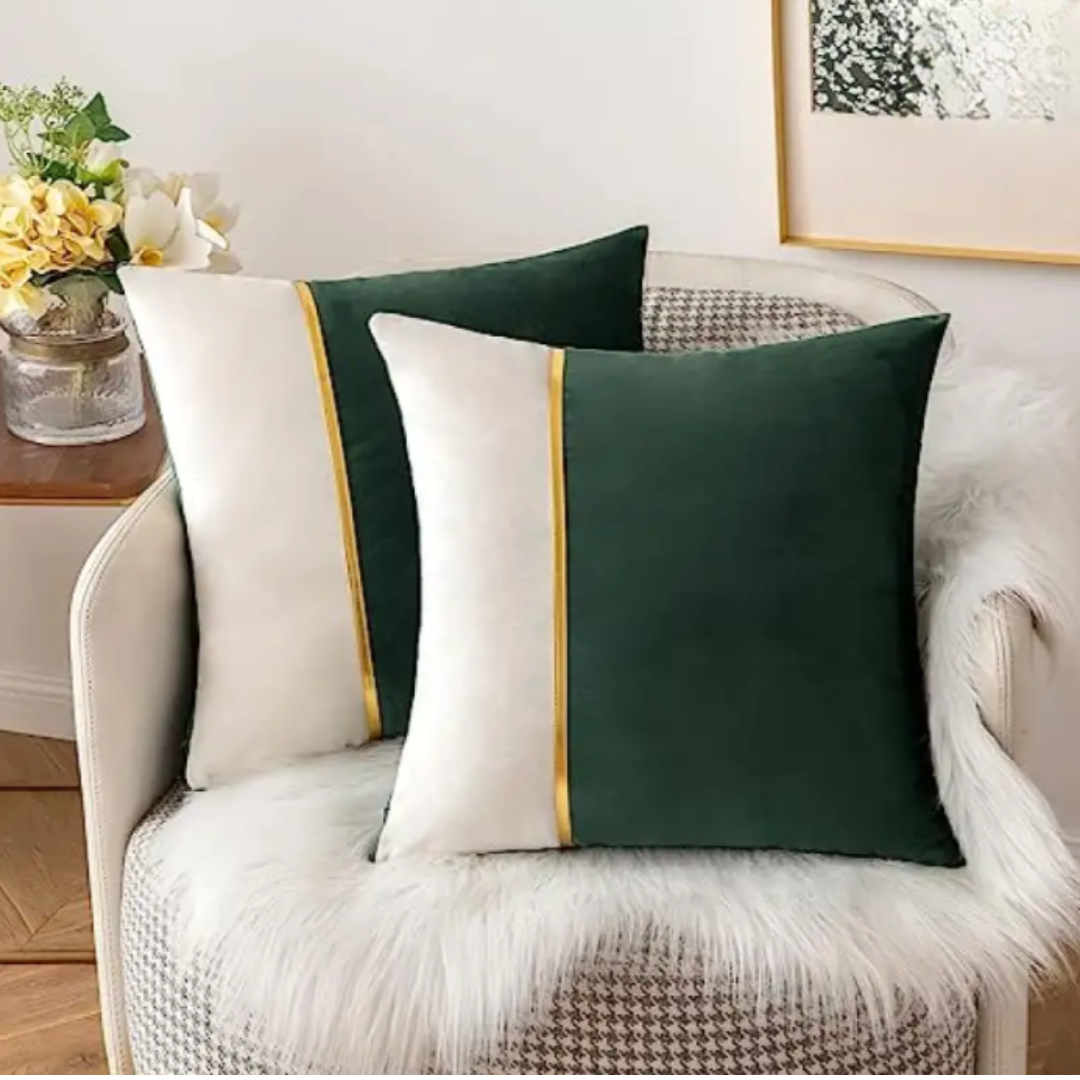 PACK OF 2 VELVET DECORATIVE SQUARE CUSHION - GREEN AND WHITE