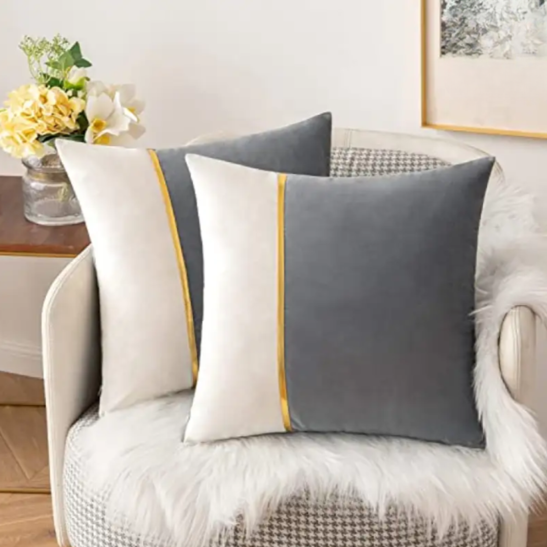 PACK OF 2 VELVET DECORATIVE SQUARE CUSHION - GREY AND WHITE