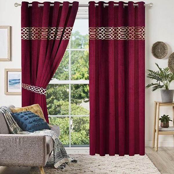 2 Pc's Luxury Velvet Embroidered Curtains With 2 Belts 09