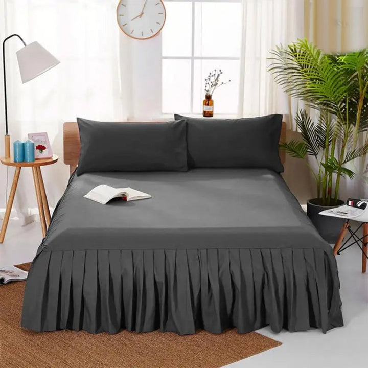 3 PCs Fitted Bed skirt with Pillow cover Dark Grey