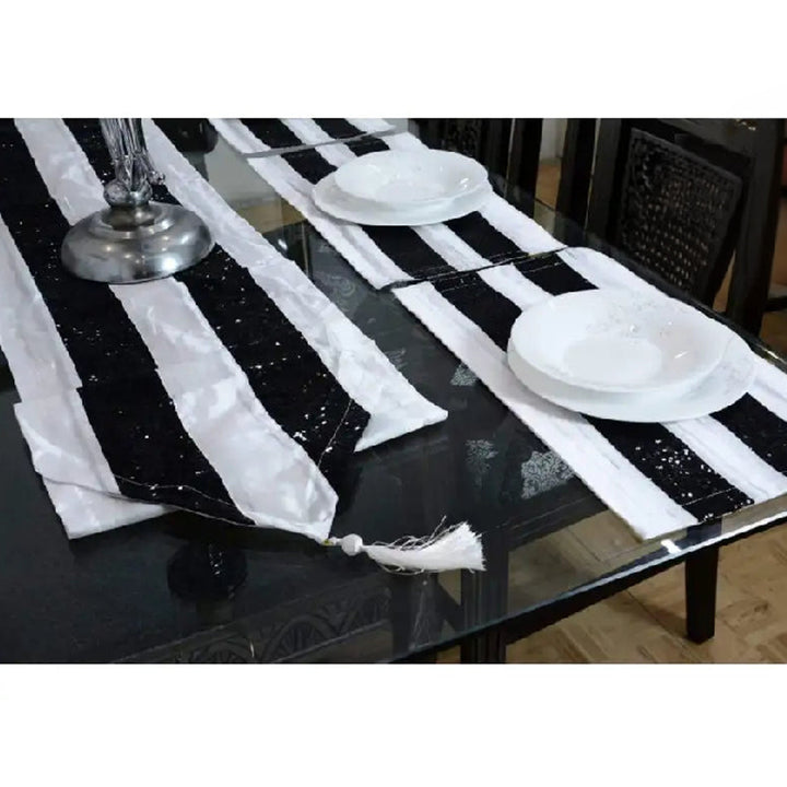 7 pcs Silk Black Table Runner Set With Place Mats