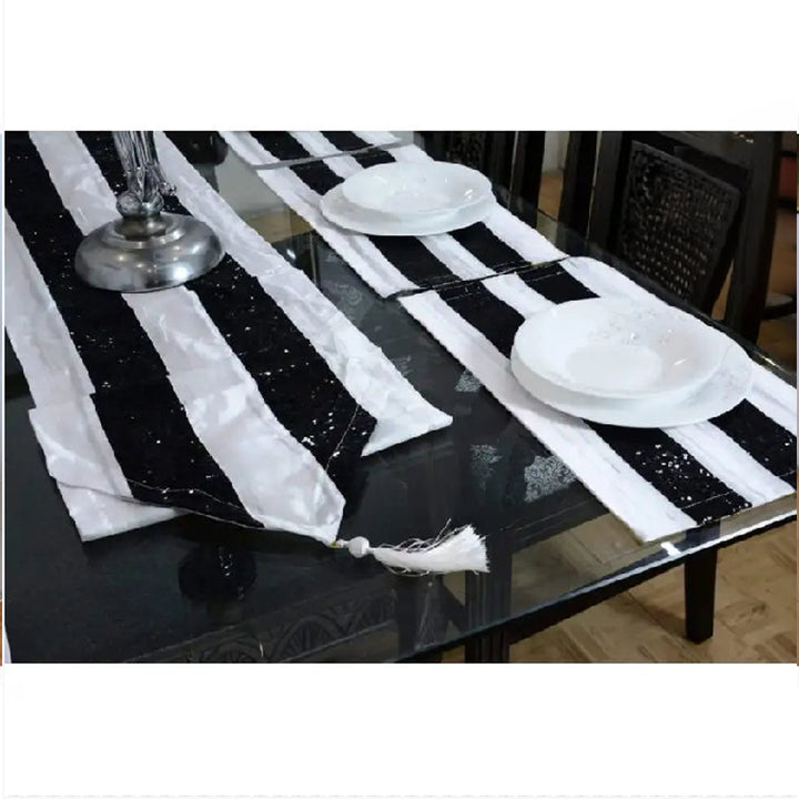 7 pcs Silk Black Table Runner Set With Place Mats