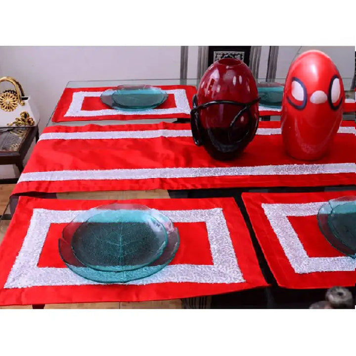7 pcs Silk Red Table Runner Set With Place Mats