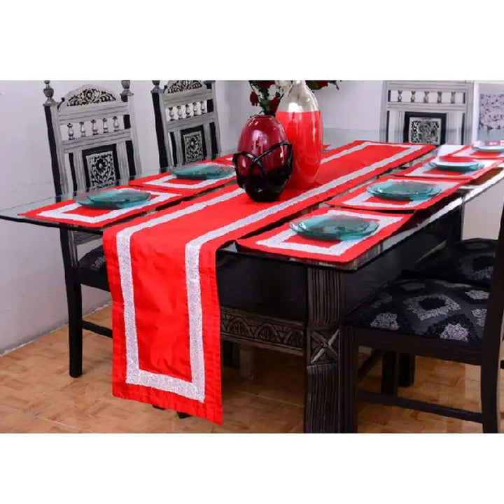 7 pcs Silk Red Table Runner Set With Place Mats