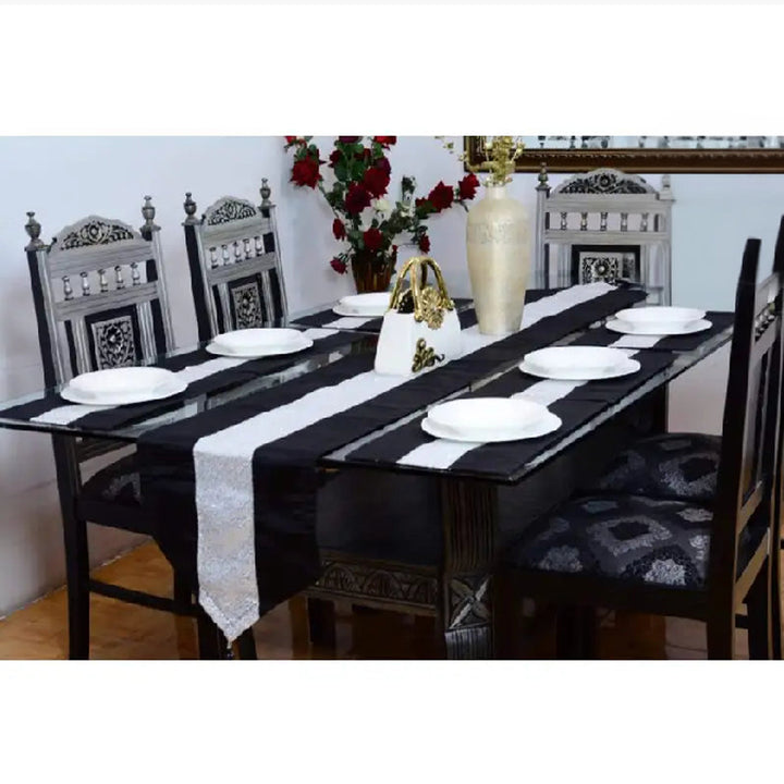 7 pcs Silk Black Table Runner Set With Place Mats
