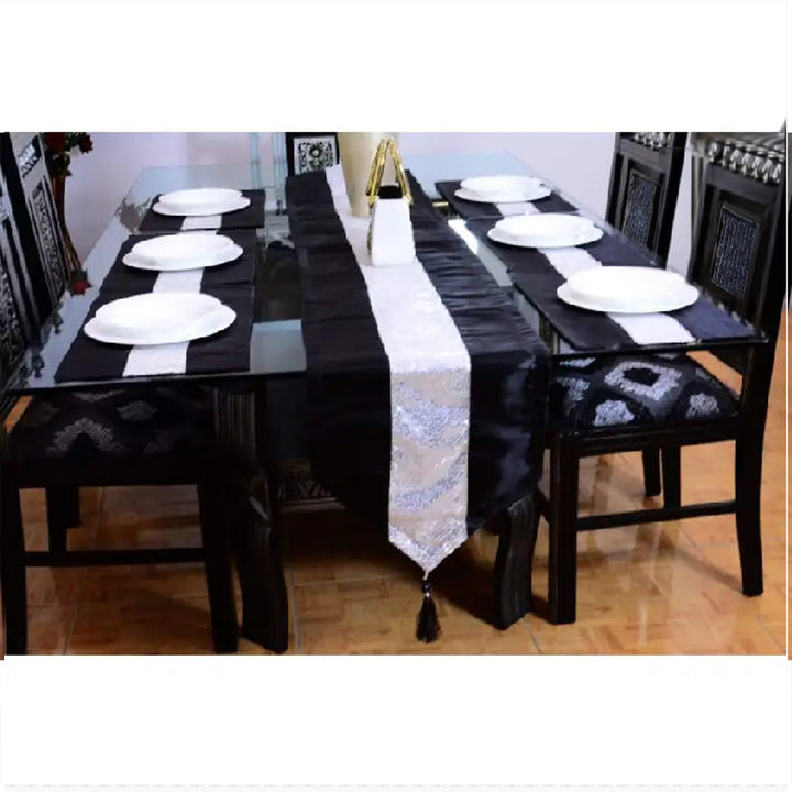 7 pcs Silk Black Table Runner Set With Place Mats