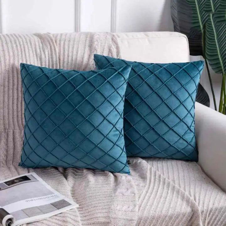 PACK OF 2 VELVET PLEATED SQUARE CUSHION - LAKE BLUE