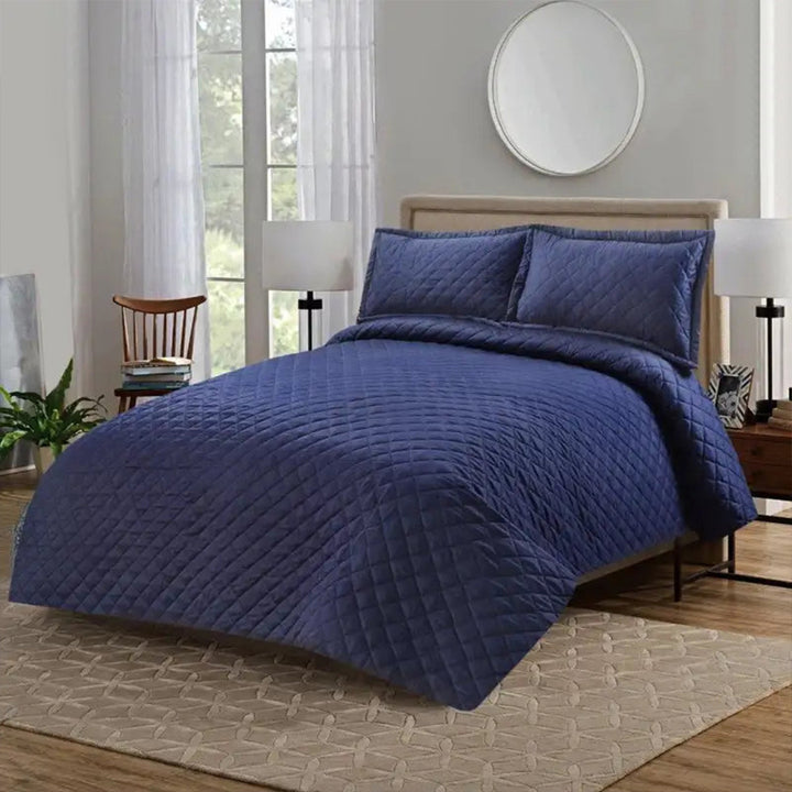 3 Pc's  Luxury Satin Strip Bedspread Navy