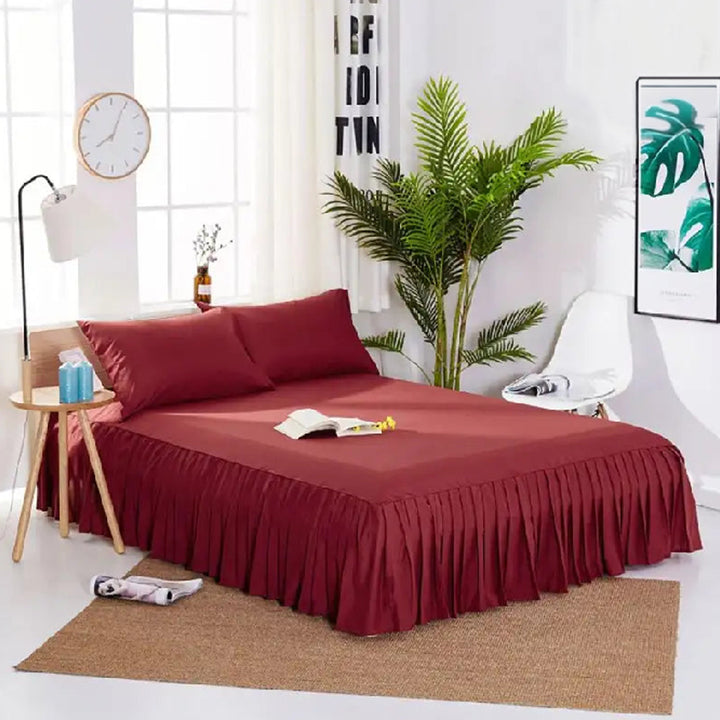 3 PCs Fitted Bed skirt with Pillow cover Red