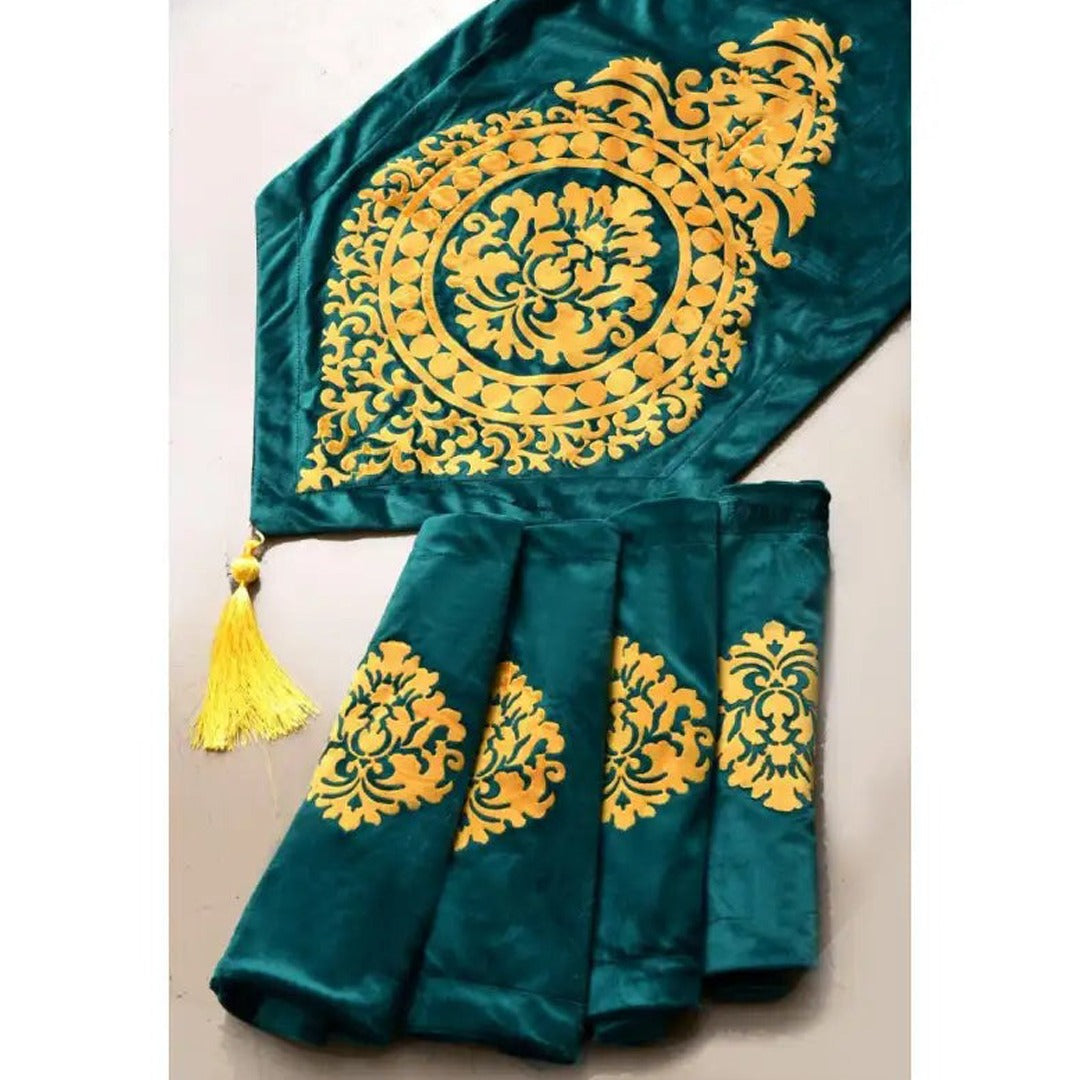 5 Pc's Luxury Velvet Embroidered Table Runner Set