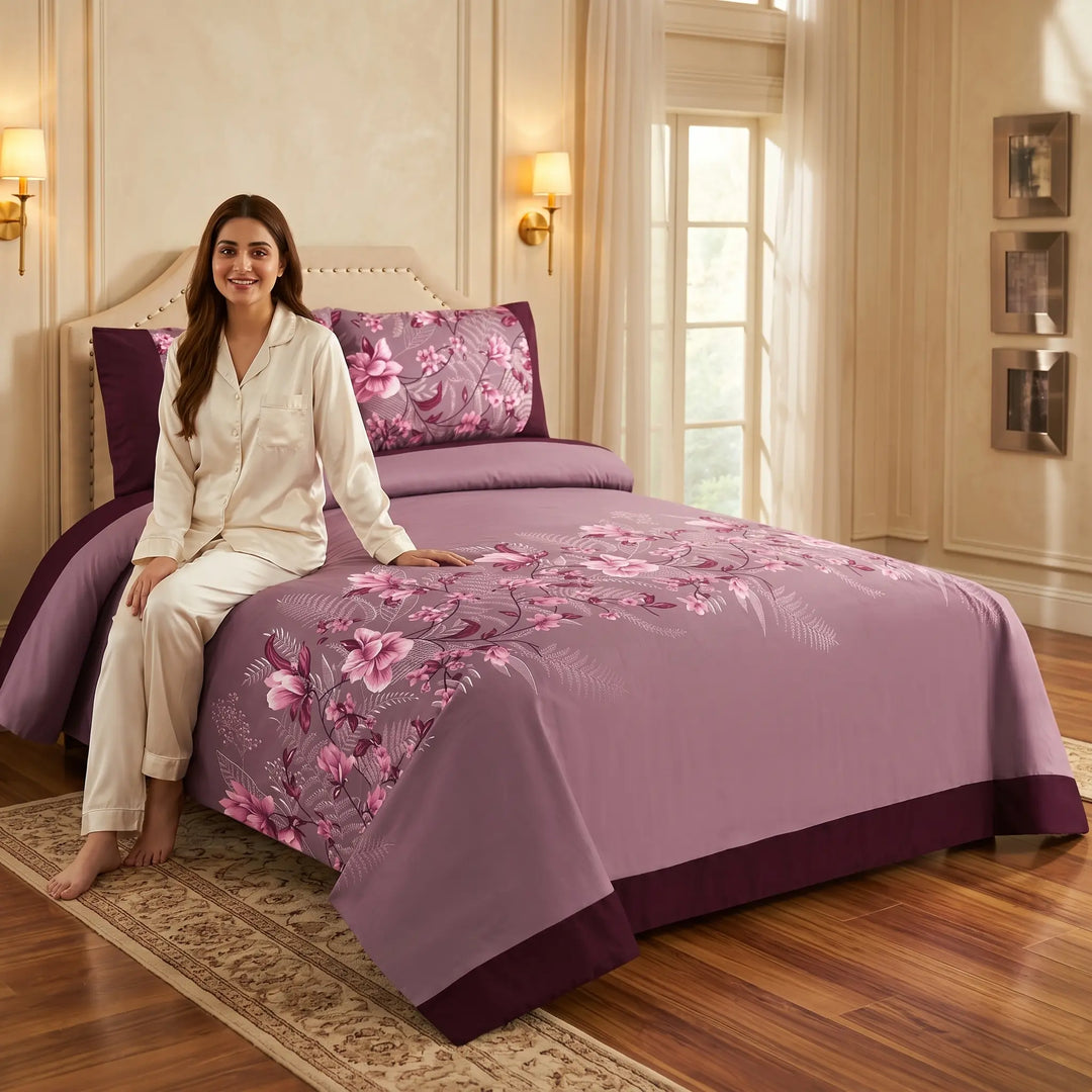 3 Pcs Cuffed Printed Bedsheet Set - 1611