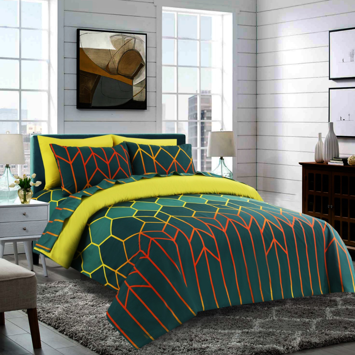 6 Pcs Green Diamond Printed Duvet Set - 1583