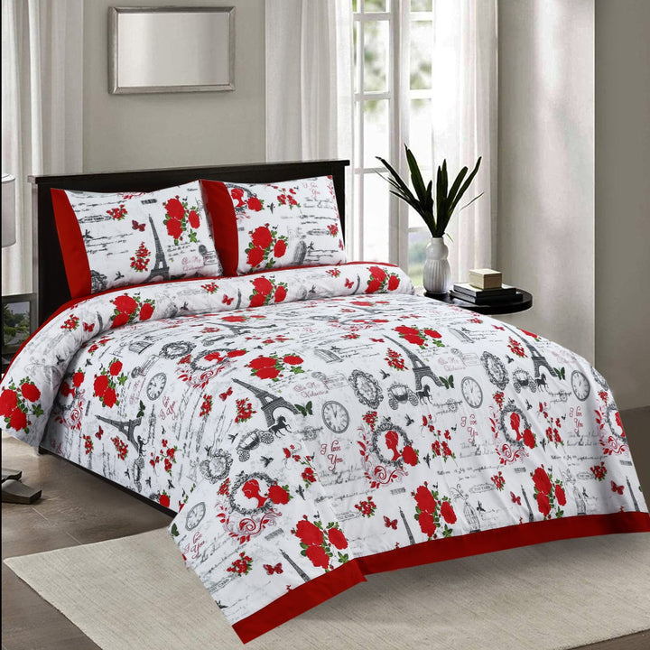 3 Pcs Cuffed Printed Bedsheet Set - 1407