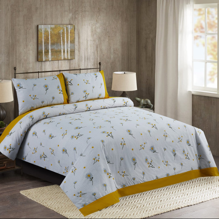3 Pcs Cuffed Printed Bedsheet Set - 1414